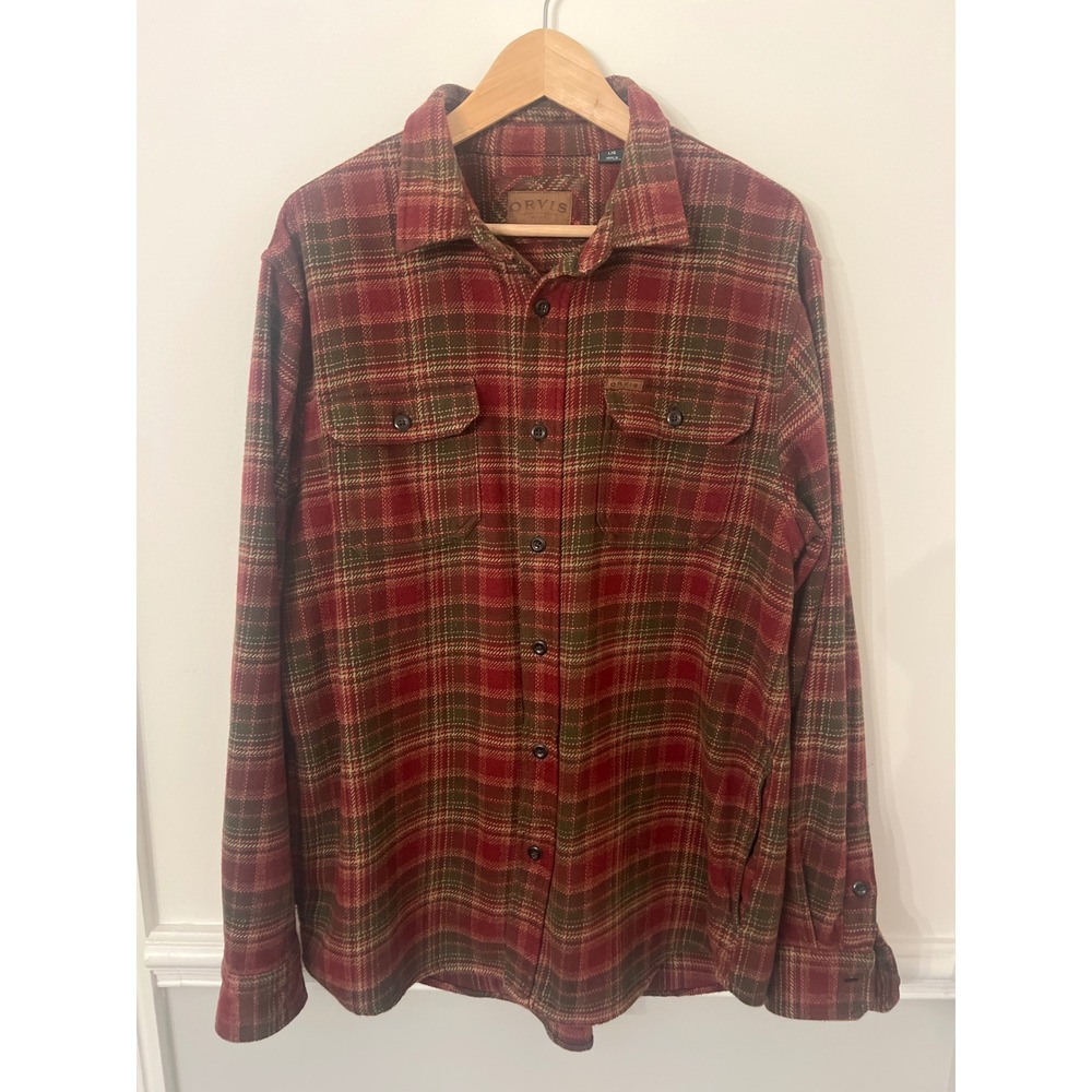 Orvis Men's Flannel Shacket Pockets Red Brown Plaid Size Large Cabincore